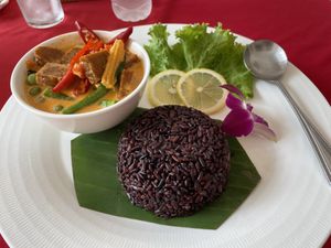 Tempeh panang curry with black rice, 169 baht  at Five Star J Restaurant in Pattaya
