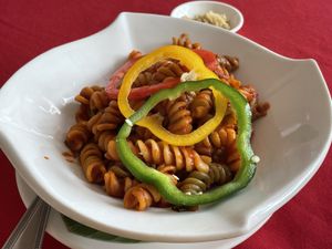 Tri-colour pasta with vegan parmesan, 169 baht  at Five Star J Restaurant in Pattaya