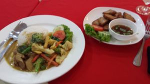 My first meal in Js.  The appetizer is grilled pork neck.  Veggie of course. No idea how they get that taste.   at Five Star J Restaurant in Pattaya