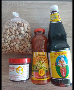 Vegetarian white soya sauce, vegetarian suki sauce, vegan shrimps chilli paste and tvp  at Hesan Vegetarian in Phuket