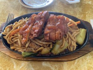Hotplate Lemon Red Roast Noodle  at Welcome Chinese Vegetarian Cafe in Christchurch