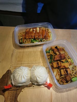 BBQ bun, fish tofu on the right at Welcome Chinese Vegetarian Cafe in Christchurch