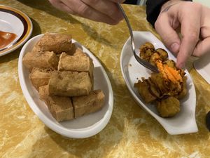 Crispy tofu and siew mai   at Welcome Chinese Vegetarian Cafe in Christchurch