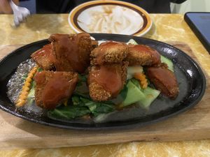 Hotplate crispy sweet lemony delight   at Welcome Chinese Vegetarian Cafe in Christchurch