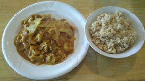 Malaysian curry w/ potato, cabbage & mushroom balls + brown rice for $17 at Welcome Chinese Vegetarian Cafe in Christchurch