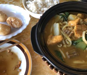 Fried Dumplings, Sesame Ginger Rice and Tofu Curry Hot Pot  at Welcome Chinese Vegetarian Cafe in Christchurch
