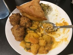 Vegan koftas, lentil curry, potato curry & samosas  at Govinda's - CBD in Brisbane