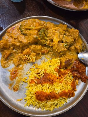 Lunch time, pre-cooked meal selections. 
Was really nice. I got two curries, rice and tomato chutney. Most items including salads, are vegan. 
Non-profit restaurant. 
8.5/10 at Govinda's - CBD in Brisbane