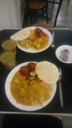 All you can eat for 12.90AUD (about £7).
Curry, rice, koftas, chutney, salad and a pudding (could have had semolina with custard also).
 at Govinda's - CBD in Brisbane