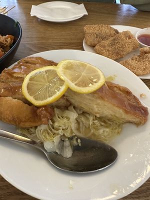 Lemon chick’n & calamari (background)  at Tian Ran in Mermaid Beach