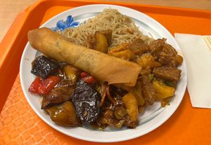 2 choices and a spring roll  at Pure Vegetarian - Total Vegetarian - Stall in Adelaide