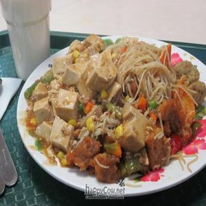 My choice: vegetable curry, sweet and sour gluten, mapo tofu, and rice vermicelli on a generous serving of plate - only $7.50  at Pure Vegetarian - Total Vegetarian - Stall in Adelaide