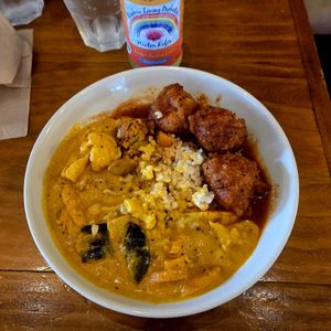 Veggie  Curry, Kofta with red sauce & brown rice at Cardamom Pod in Byron Bay