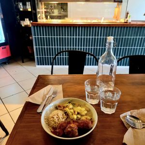 Small serve: 2 x choices:  kofta & Thai Curry + Brown rice at Cardamom Pod in Byron Bay