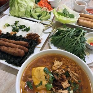 vegan crab soup, rice paper rolls and fried spring rolls at An Lac Vegan in Cabramatta