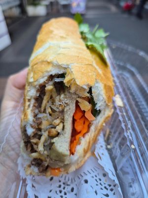 Banh mi $7.50: fresh, soft and crunchy bread, love the sliced pork loaf, shredded tofu and noodles, amazing pate, no mayo, or soy sauce, but still very tasty at An Lac Vegan in Cabramatta