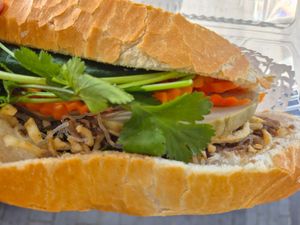 Banh mi $7.50: fresh, soft and crunchy bread, love the sliced pork loaf, shredded tofu and noodles, amazing pate, no mayo, or soy sauce, but still very tasty at An Lac Vegan in Cabramatta