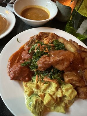 Curries, koftas, dhal, fried cauliflower, kale salad, and chips!  at Govinda's in Darlinghurst