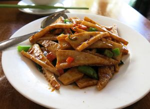 chilli calamari and seasonal vegetables at Green Gourmet in Newtown