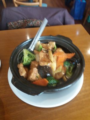 Mushrooms, tofu and brocolli baked in crock pot at Green Gourmet in Newtown