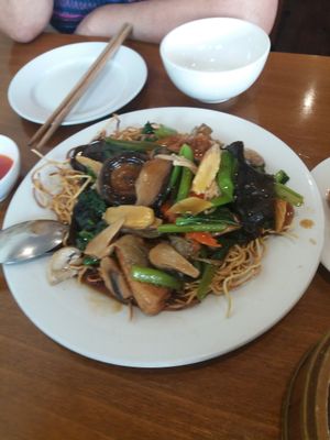 Spring vegs and crispy noodles at Green Gourmet in Newtown
