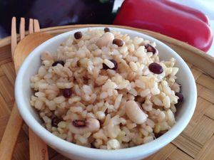 Sprouted 5 grain rice - Who doesn't need more calcium, magnesium and iron in their diet these days?  With such busy, active lives, our bodies need all the help it can get.  In nature, wetting the grain/seed for prolonged periods stimulates the production of beneficial enzymes which activate it give off a surge of 'power' for growth.  This active, live seed is nutritionally superior to one that is still closed up.  So that's why we should eat the activated/sprouted seed! at Green Gourmet in Newtown