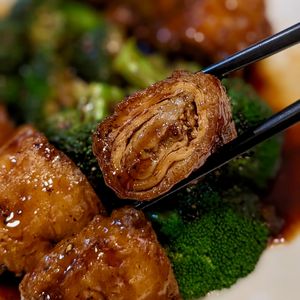 Vegan Golden Mushrooms and Soy Sheets Roulades in Black Pepper Sauce at Mother Chu's Vegetarian Kitchen in Sydney