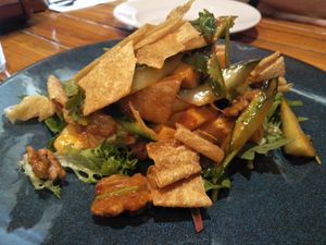 Tofu cucumber salad with gochujang  at Shakahari in Carlton