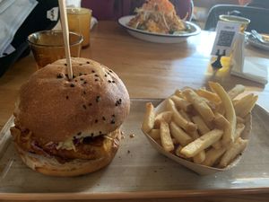 Tofu burger and chips. Very good! at Vegie Bar in Fitzroy