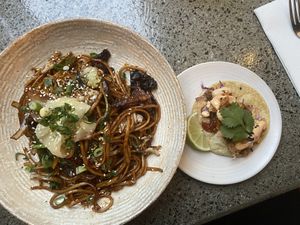 Udon and oyster mushroom taco  at Vegie Bar in Fitzroy