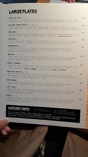 Menu at Vegie Bar in Fitzroy