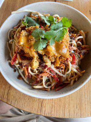 Cold udon salad with vegan chicken  at Vegie Bar in Fitzroy
