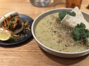 Creamy lentil curry and duck bao  at Vegie Bar in Fitzroy