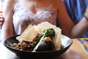 VEGAN ROAST VEGIE & FREEKAH SALAD 

A warm salad of roasted pumpkin, beetroot, broccolini & Spanish onion w/ freekeh, chickpeas, pomegranate, pistachios & Persian macadamia feta, finished w/ Tunisian pastry crisps.
 at Vegie Bar in Fitzroy