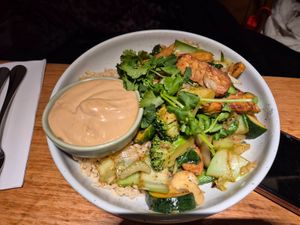 Mostly greens bowl $26.00: great ginger flavour but prefer crunchier veggies, also tahini sauce doesn't complement the dish, tempeh has a soft/fudgy texture at Vegie Bar in Fitzroy