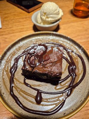 Triple choc brownie w/vanilla icecream $14.00: served warmed up, fudgy, perfect texture on the icecream at Vegie Bar in Fitzroy