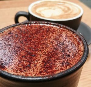 Mocha (front) and soy flat white at Vegie Bar in Fitzroy