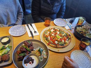 Pizza and fritters at Vegie Bar in Fitzroy