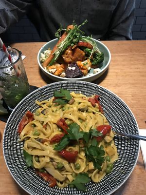 Carbonara spaghetti and ñoquis  at Vegie Bar in Fitzroy
