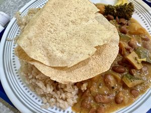 Tuesday lunch dish: Red kidney beans and veggies with brown rice and pappadoms  at Crossways in Melbourne