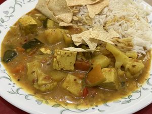 Went back around 4pm Thursday; they were still serving Thursday lunch, Malaysian tofu curry .  at Crossways in Melbourne