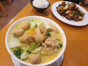 Laksa with added mock chicken & Kung Po Mock Beef at Global Vegetarian in Ormond