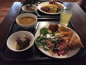 Feast! Soup, kofta, curry, salads, sticky date pudding and a drink (all vegan) and a vegan samosa... at Gopals in Melbourne