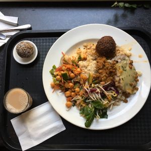 vegan platter (lentil ball, shepherds pie, salads, bliss ball, chai) at Gopals in Melbourne