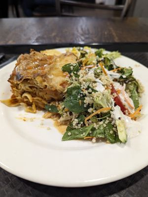 Vegan lasagna with salad at Gopals in Melbourne