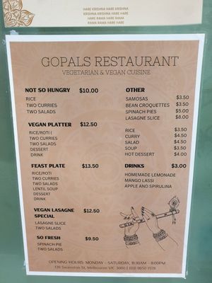 Menu Sept 2024 at Gopals in Melbourne