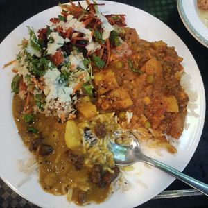 Two salads, two curries, rice at Gopals in Melbourne