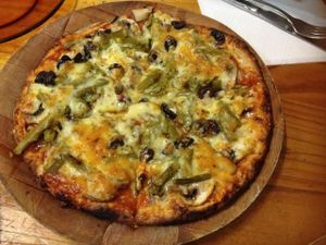 Asparagus Pizza - with asparagus & olives & mushrooms   at Nostralis Wholemeal Pizza in Caulfield North