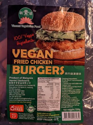 Vegan chicken burgers at Vincent Vegetarian Food in Footscray