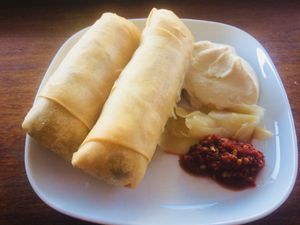 My fab ?2 spring rolls with tofu dip, chilli & ginger. Yum!! at Tofulicious in Richmond